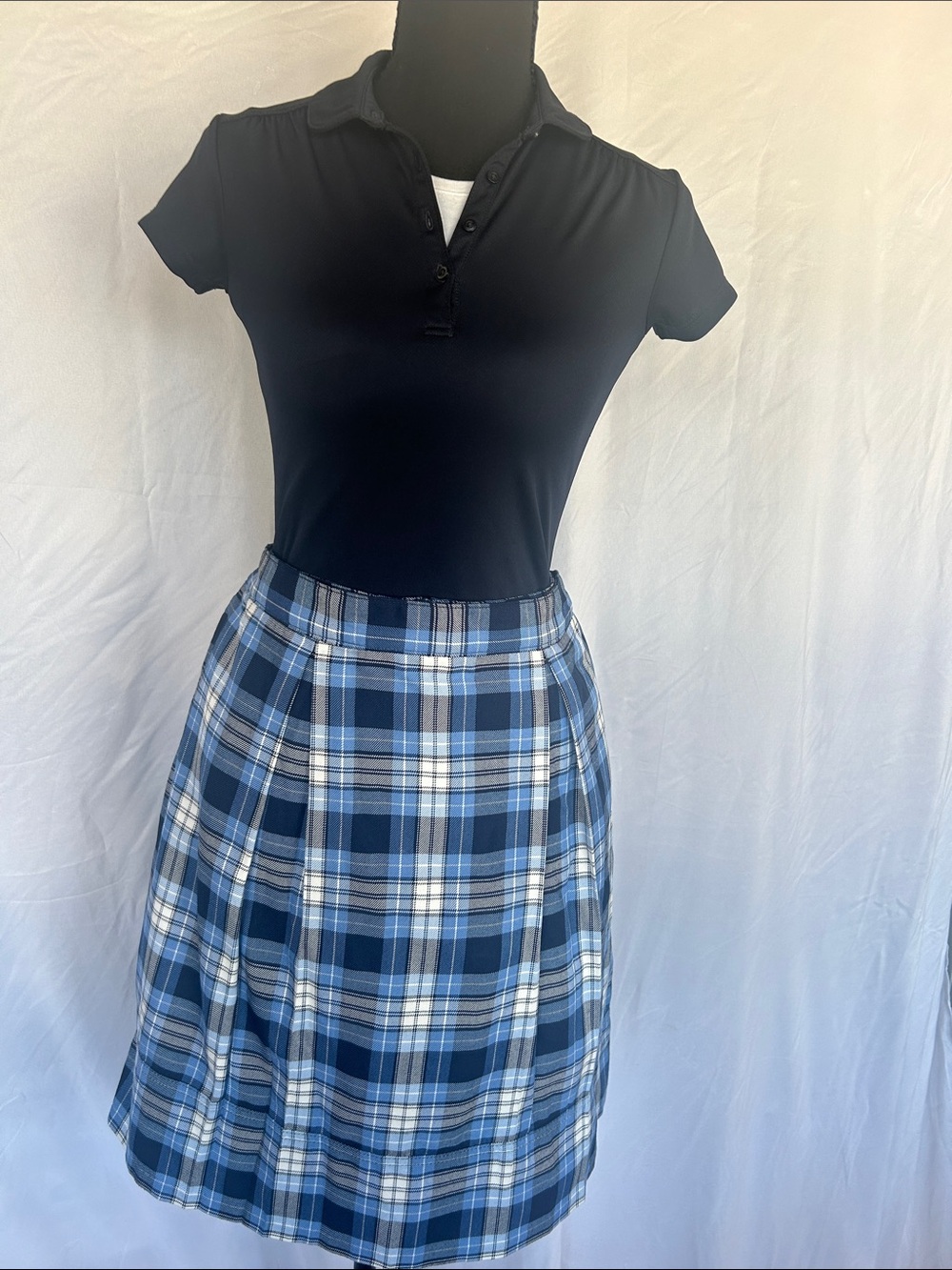 Lands' End Blue, Navy and White Plaid A-Line Skirt
